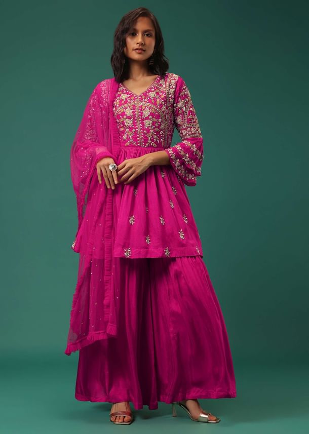 Rani Pink Sharara Suit Set In Silk With Floral Embroidery Rani Pink Sharara Suit Set In Silk With Floral Embroidery