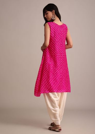 Rani Pink Silk Bandhani Print Kurta Dhoti Set