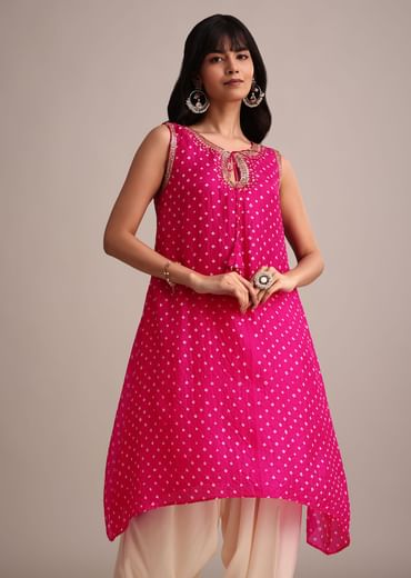 Rani Pink Silk Bandhani Print Kurta Dhoti Set