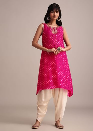 Rani Pink Silk Bandhani Print Kurta Dhoti Set