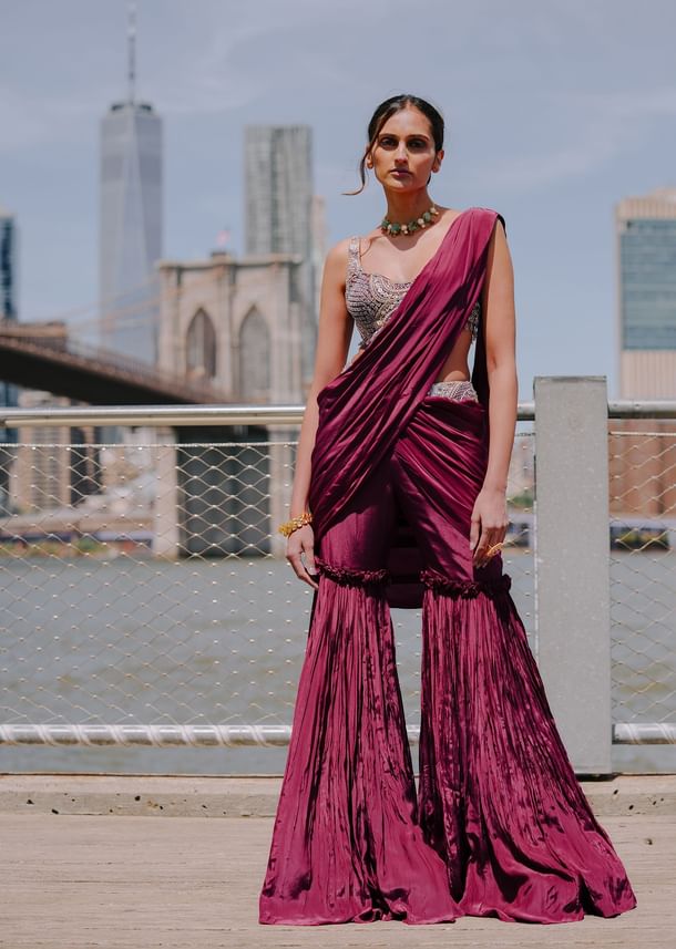 Raspberry Frill Saree With Embroidered Blouse