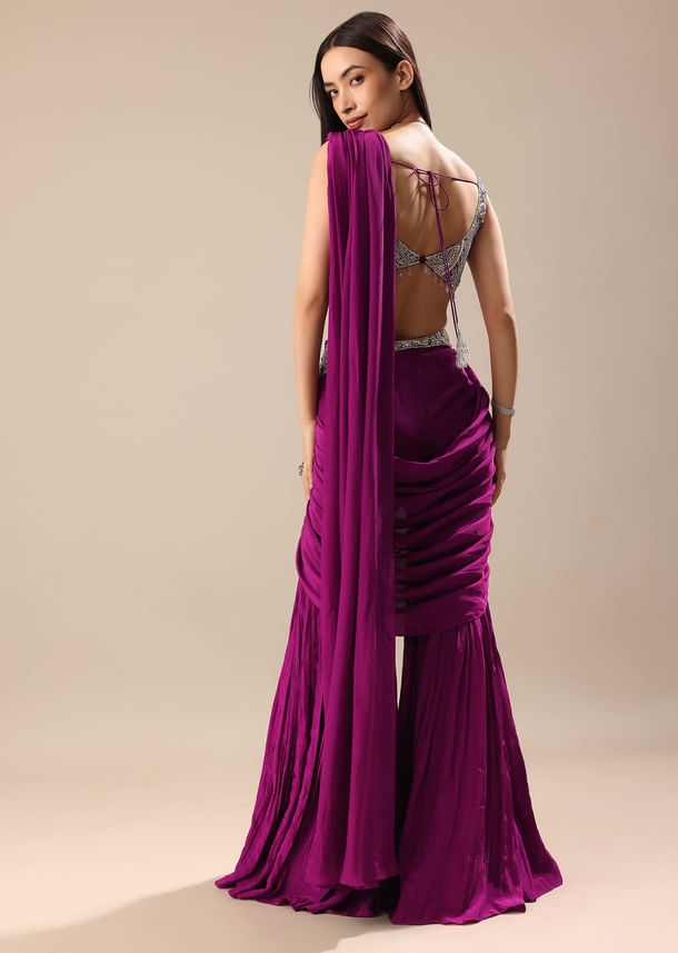 Raspberry Frill Saree With Embroidered Blouse