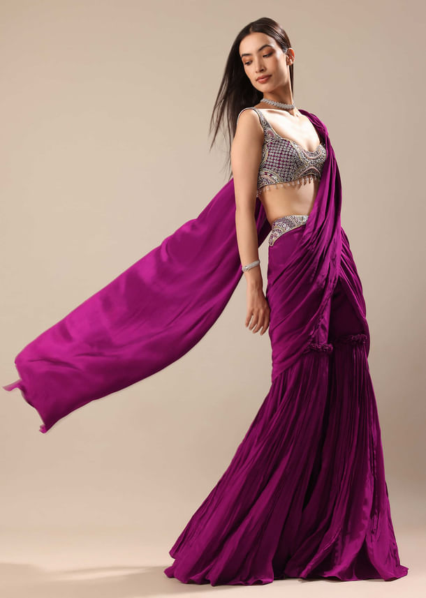 Raspberry Frill Saree With Embroidered Blouse