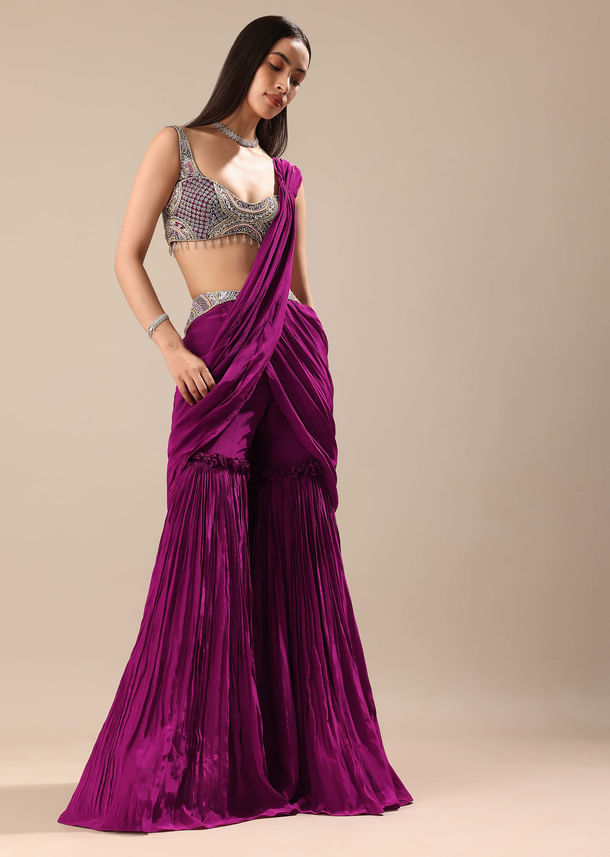 Raspberry Frill Saree With Embroidered Blouse