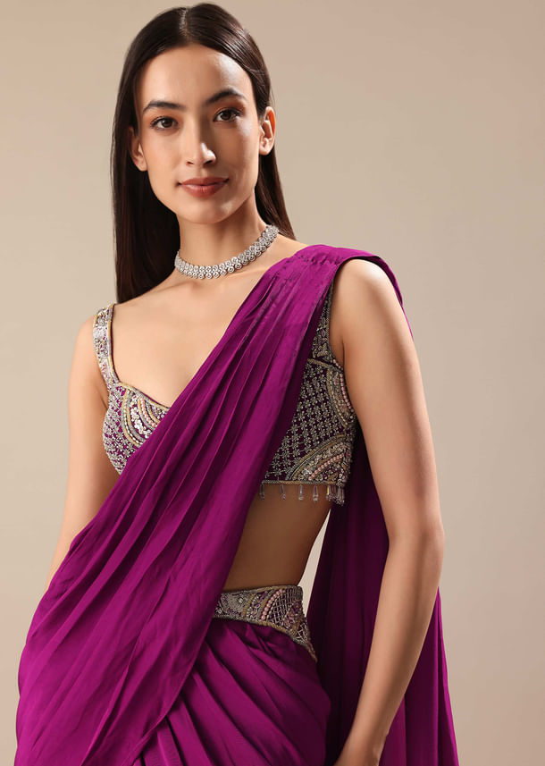 Raspberry Frill Saree With Embroidered Blouse