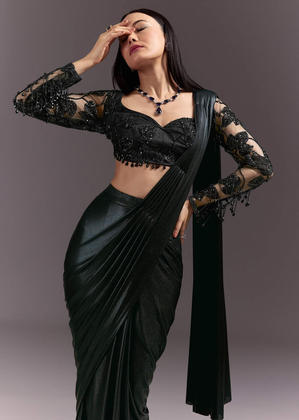 Ready Pleated Saree With V Neck Blouse And Cutdana Work Ready Pleated Saree With V Neck Blouse And Cutdana Work