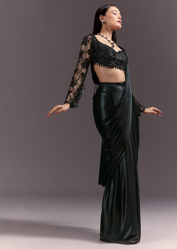 Ready Pleated Saree With V Neck Blouse And Cutdana Work Ready Pleated Saree With V Neck Blouse And Cutdana Work