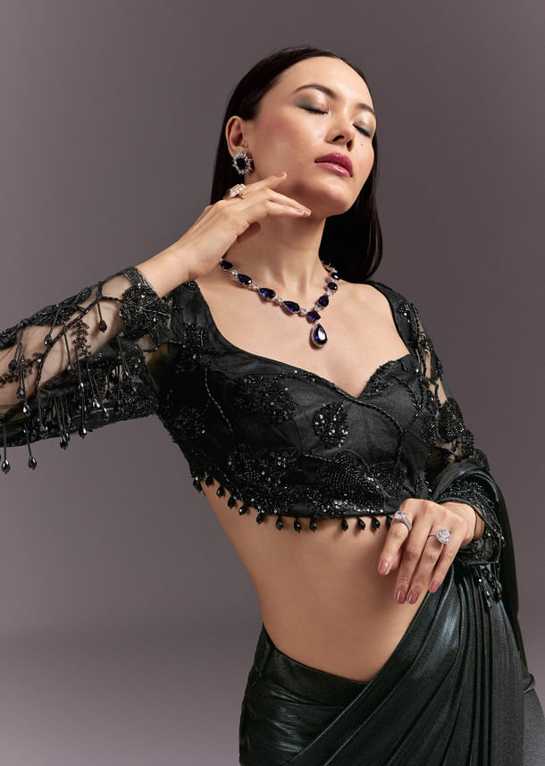 Ready Pleated Saree With V Neck Blouse And Cutdana Work Ready Pleated Saree With V Neck Blouse And Cutdana Work