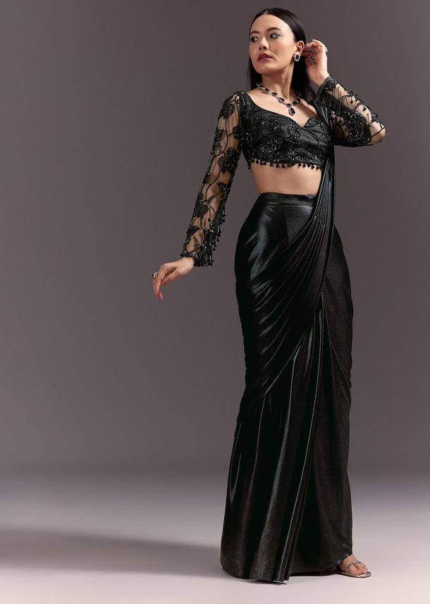 Ready Pleated Saree With V Neck Blouse And Cutdana Work Ready Pleated Saree With V Neck Blouse And Cutdana Work