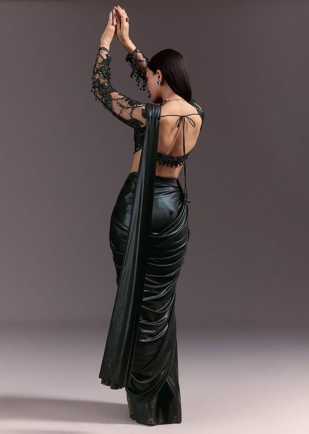 Ready Pleated Saree With V Neck Blouse And Cutdana Work Ready Pleated Saree With V Neck Blouse And Cutdana Work