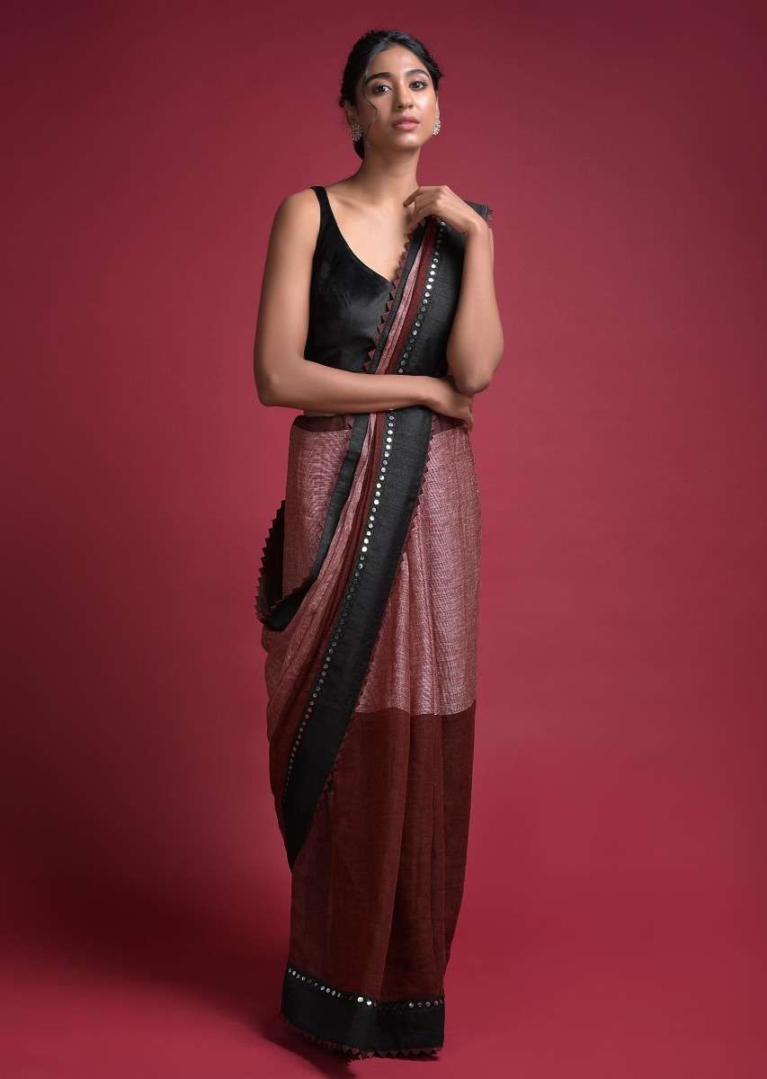 Red And Maroon Color Blocked Saree In Linen With Abla Work On The Border Online - Kalki Fashion