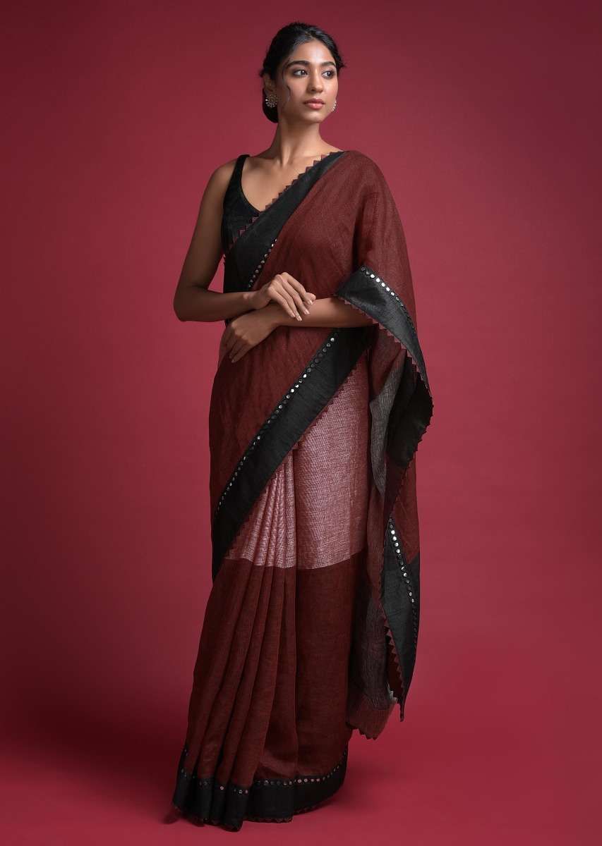 Red And Maroon Color Blocked Saree In Linen With Abla Work On The Border Online - Kalki Fashion