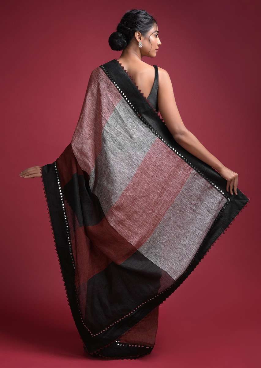 Red And Maroon Color Blocked Saree In Linen With Abla Work On The Border Online - Kalki Fashion