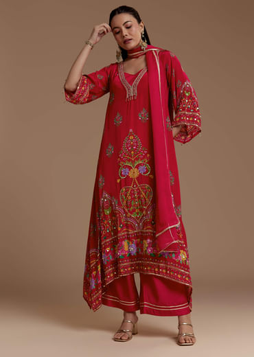 Red Asymmetric Floral Print Kurta Set