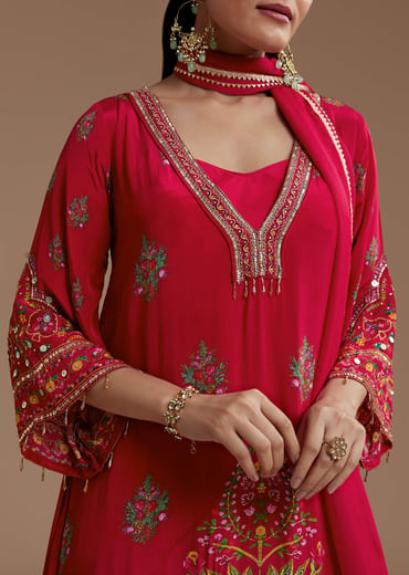 Red Asymmetric Floral Print Kurta Set