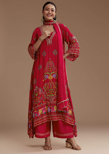 Red Asymmetric Floral Print Kurta Set
