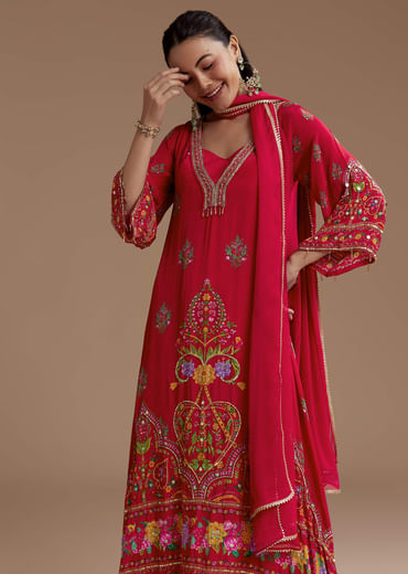 Red Asymmetric Floral Print Kurta Set