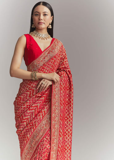 Red Banarasi Georgette Embroidered Saree With Heavy Hand Embroidery