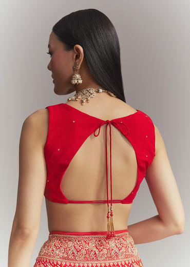 Red Banarasi Georgette Embroidered Saree With Heavy Hand Embroidery