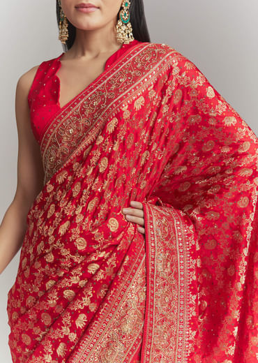 Red Banarasi Silk Embroidered Saree With Heavy Hand Embroidery