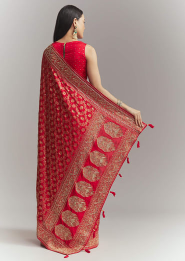 Red Banarasi Silk Embroidered Saree With Heavy Hand Embroidery