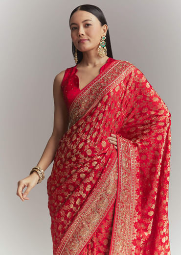 Red Banarasi Silk Embroidered Saree With Heavy Hand Embroidery