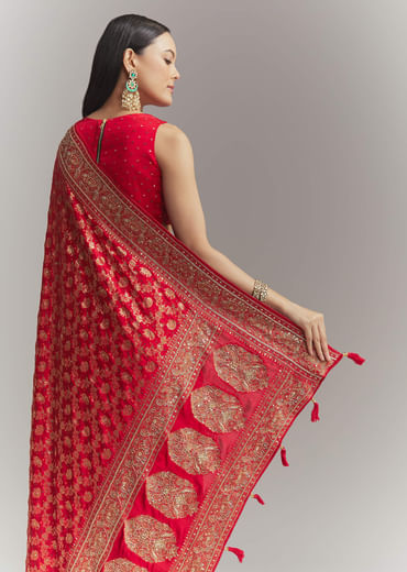 Red Banarasi Silk Embroidered Saree With Heavy Hand Embroidery