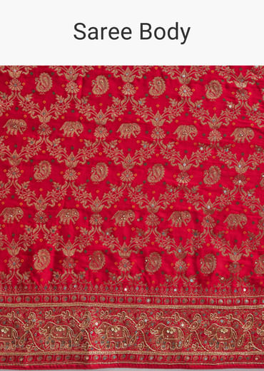 Red Banarasi Silk Embroidered Saree With Heavy Hand Embroidery