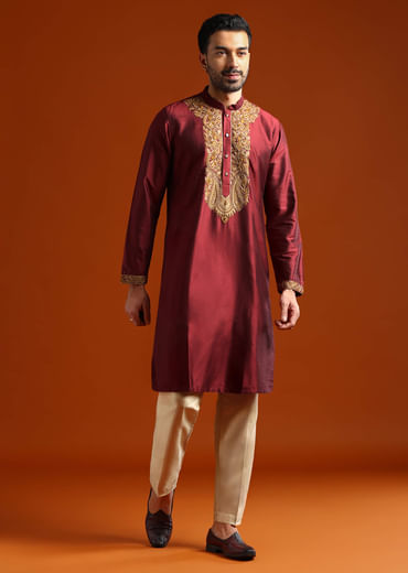 Red Banarasi Silk Kurta Set For Men With Heavy Hand Embroidery