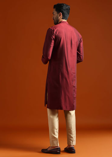 Red Banarasi Silk Kurta Set For Men With Heavy Hand Embroidery
