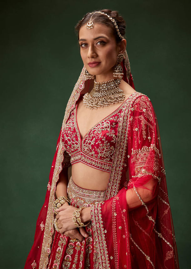 Red Bridal Lehenga With Intricate Hand Embroidery And Double Dupatta Drape