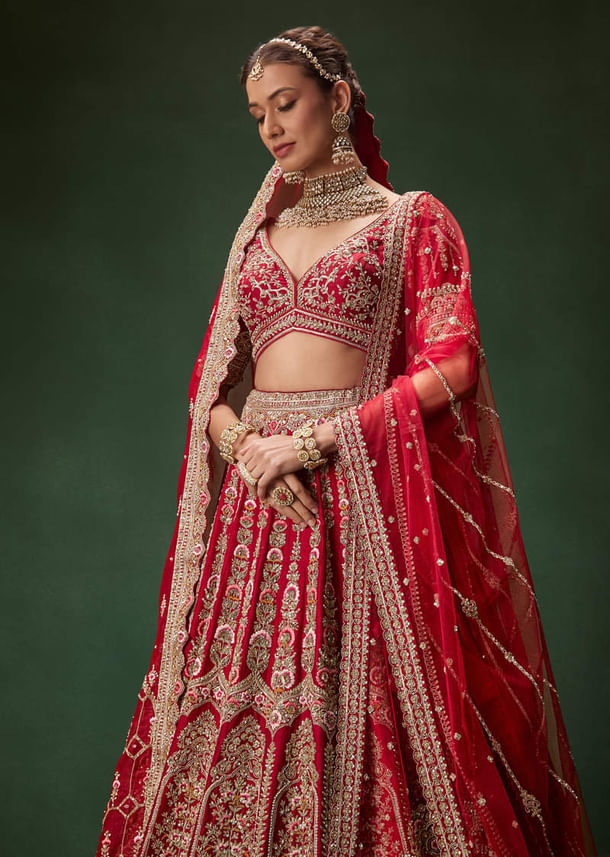 Red Bridal Lehenga With Intricate Hand Embroidery And Double Dupatta Drape