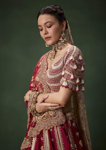 Red Bridal Raw Silk Patchwork Lehenga Set with Two Dupattas