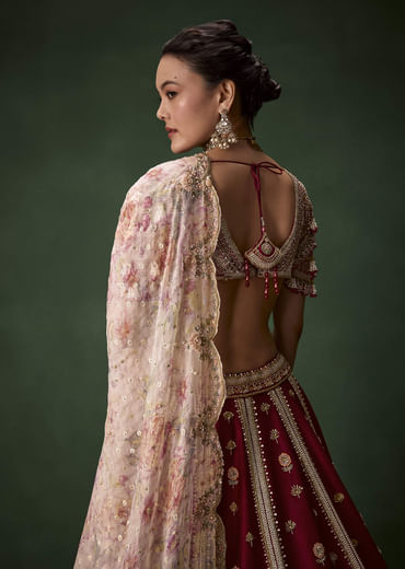 Red Bridal Raw Silk Patchwork Lehenga Set with Two Dupattas