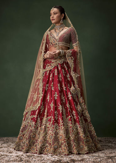 Red Bridal Sequin Silk Lehenga Set with  Two Dupattas