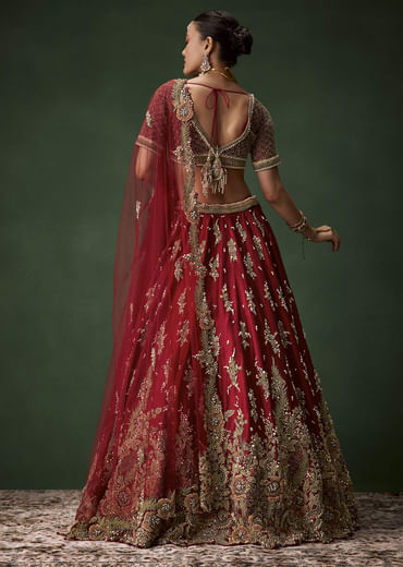 Red Bridal Sequin Silk Lehenga Set with  Two Dupattas