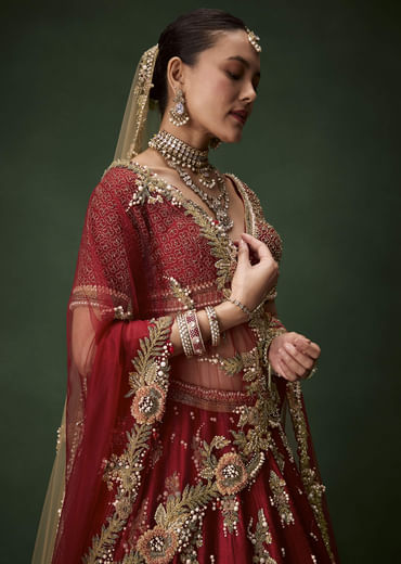 Red Bridal Sequin Silk Lehenga Set with  Two Dupattas