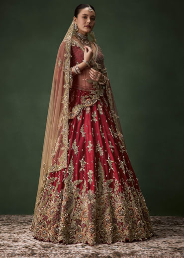 Red Bridal Sequin Silk Lehenga Set with  Two Dupattas