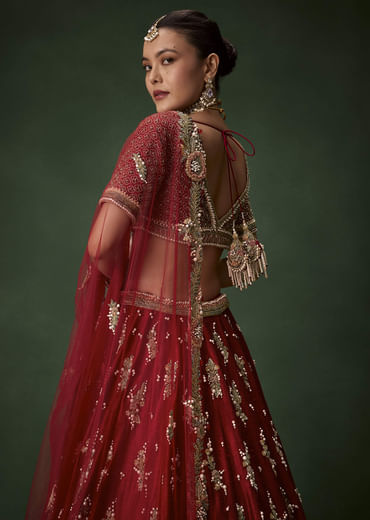 Red Bridal Sequin Silk Lehenga Set with  Two Dupattas