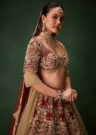 Red Bridal Sequins Silk Lehenga Set with  Two Dupattas