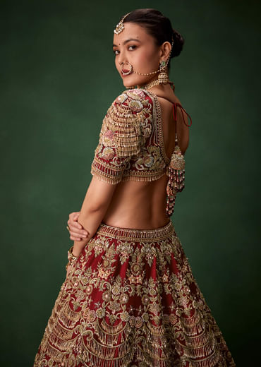 Red Bridal Sequins Silk Lehenga Set with  Two Dupattas