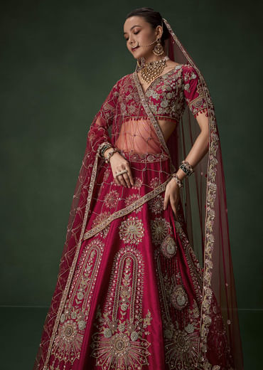 Red Bridal Silk Lehenga Set with Dupattas