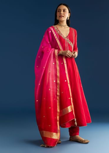 Red Chanderi Angrakha Style Kurta With Zardosi Butti Dupatta