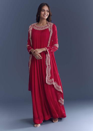Red Chinon Anarkali Suit With Cutdana And Sequins Embroidery