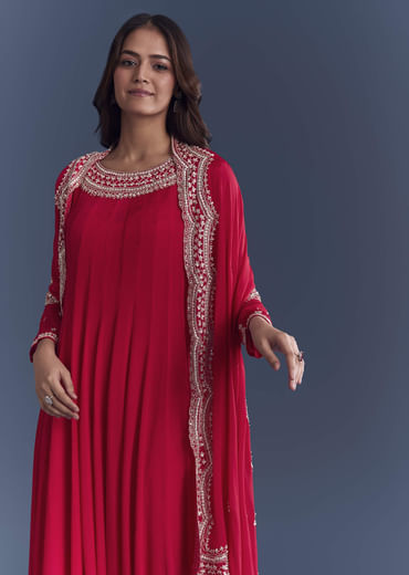 Red Chinon Anarkali Suit With Cutdana And Sequins Embroidery