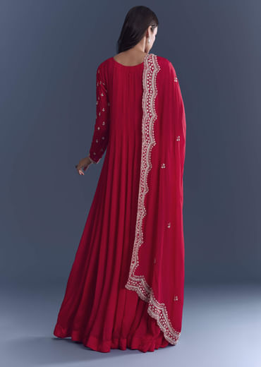 Red Chinon Anarkali Suit With Cutdana And Sequins Embroidery
