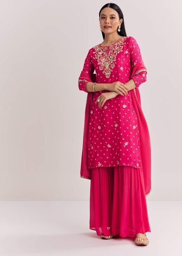 Pink Chinon Asymmetrical Kurta Sharara Suit With Embroidery