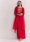 Red Chinon Asymmetrical Palazzo Suit With Embroidery