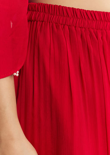 Red Chinon Asymmetrical Palazzo Suit With Embroidery