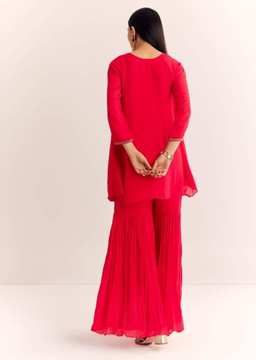 Red Chinon Flared Kurta Sharara With Thread Work
